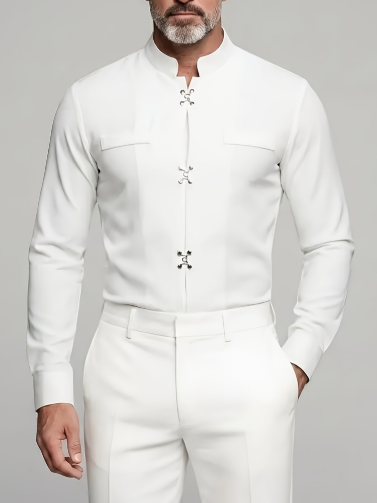 Mandarin Collar Formal Shirt Slim Fit - เสื้อเชิ้ตผู้ชายหรูหรา คอจีน แขนยาว ตกแต่งกระดุมตะขอโลหะ ทรงเข้ารูป เหมาะสำหรับงานแต่งงาน