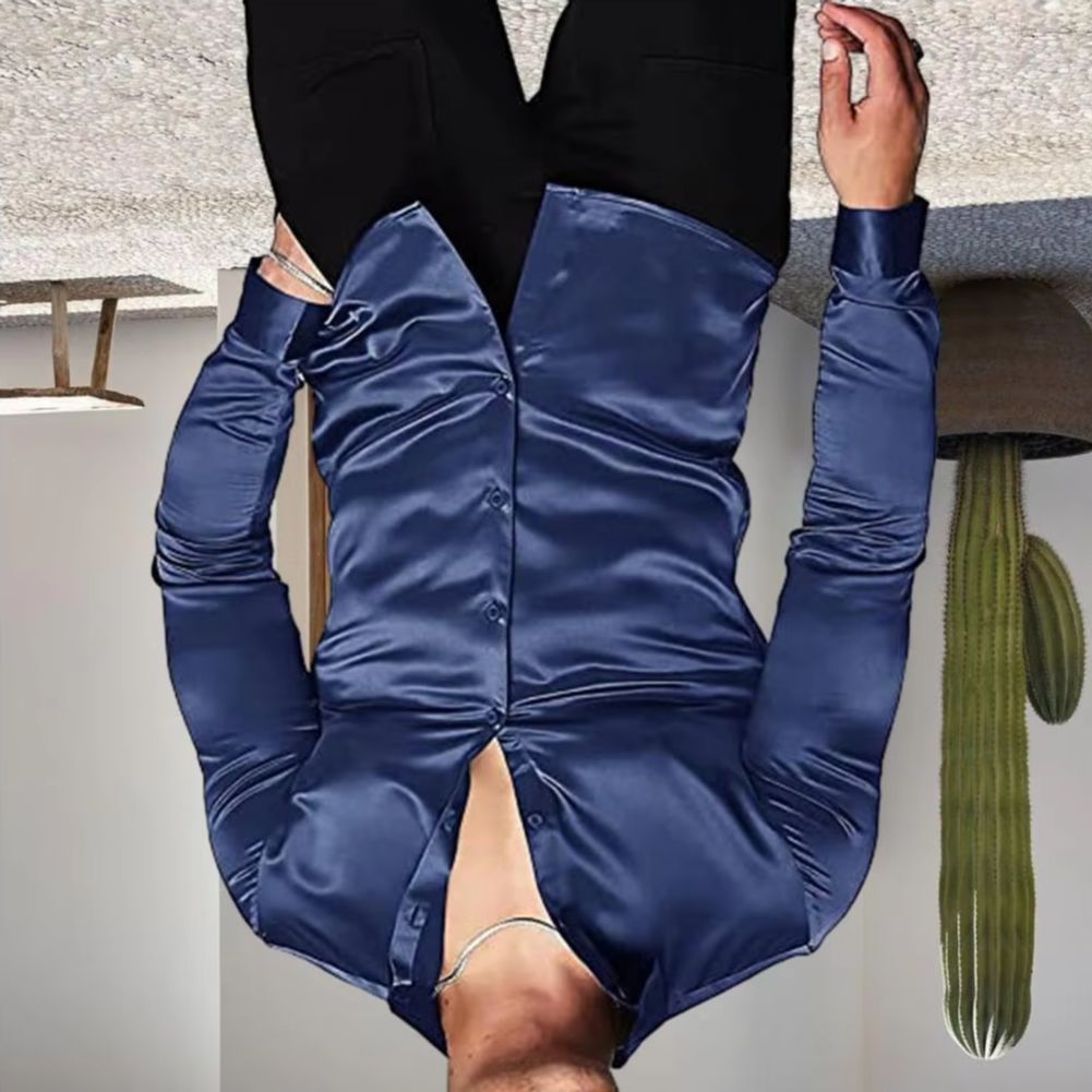 Mens Satin Silk Dress Shirt - เสื้อเชิ้ตผู้ชายสไตล์ทันสมัย เนื้อผ้าเงาเหมือนผ้าไหมซาติน แขนยาว ลำลอง สีพื้น ปกเสื้อติดกระดุม