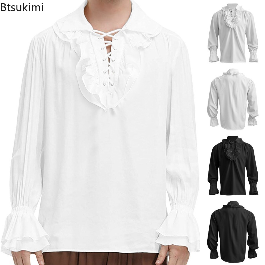 Medieval Gothic Lace Up Pirate Shirt - ผู้ชายยุคกลาง Renaissance Pirate เสื้อ Victorian Ruffles