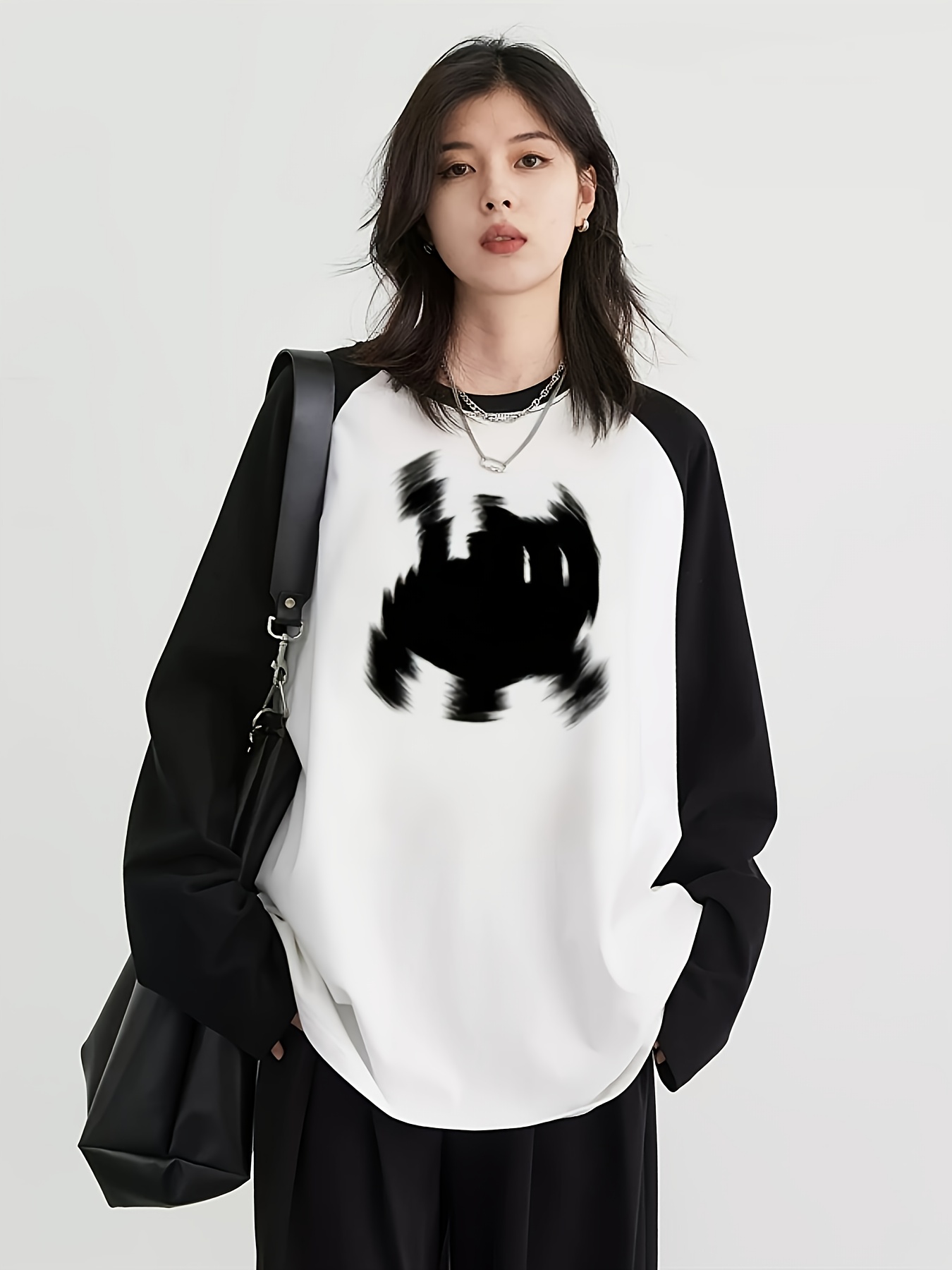 T-Shirts - เสื้อยืดแขนยาวทรงแร็กแลนสำหรับผู้หญิง Y2K ลายกราฟิกแมวน่ารัก ทรงหลวม คอกลม เสื้อลำลองสำหรับฤดูใบไม้ผลิ/ฤดูใบไม้ร่วง