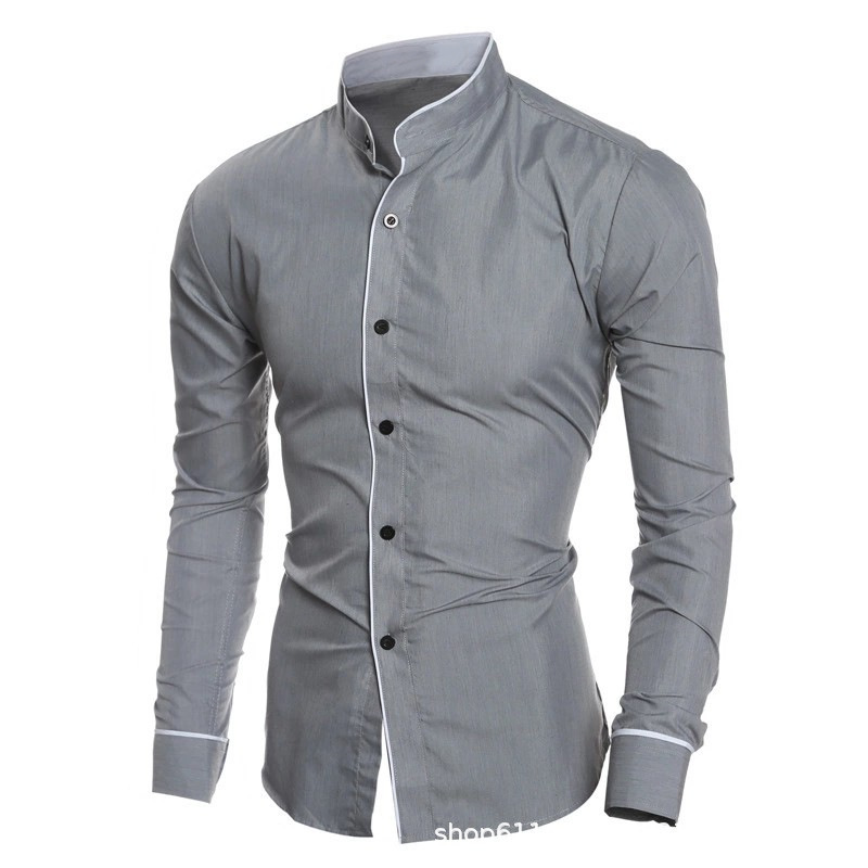เสื้อเชิ้ตแขนยาวผู้ชายทรงเข้าร - Mandarin Collar Formal Shirt Slim Fit บทวิจารณ์และราคา