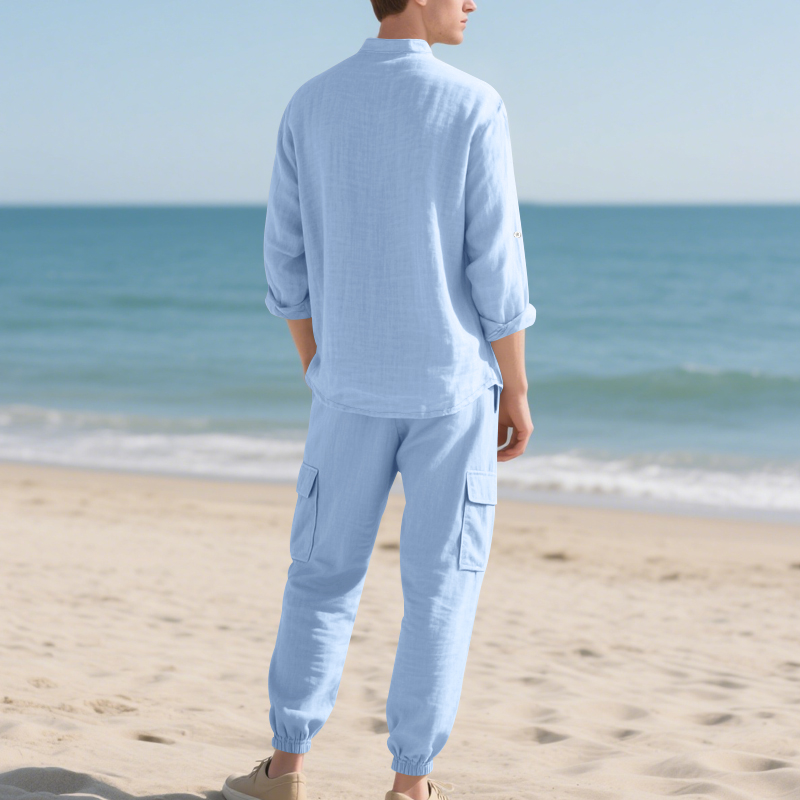 ชุดเซ็ตผ้าลินินระบายอากาศสำหรั - Mens Linen Shirt Long Sleeve บทวิจารณ์และราคา