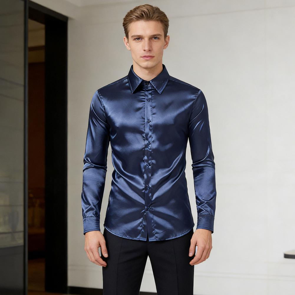 สีฟ้าสีส้มสีแดงสีเหลืองซาตินผ้ - Mens Satin Silk Dress Shirt บทวิจารณ์และราคา