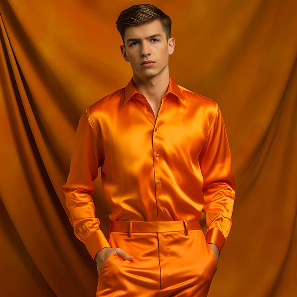 สีฟ้าสีส้มสีแดงสีเหลืองซาตินผ้ - Mens Satin Silk Dress Shirt บทวิจารณ์และราคา