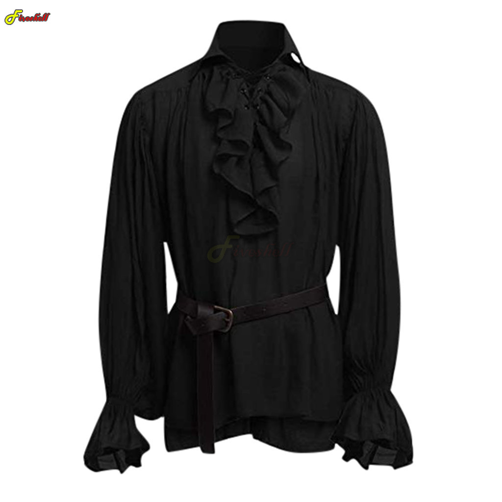 Mens ฮาโลวีนลูกไม้โจรสลัดเสื้อ - Medieval Gothic Lace Up Pirate Shirt บทวิจารณ์และราคา