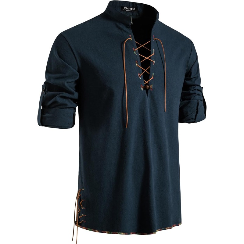 Mens Pirate เสื้อไวกิ้ง Retro  - Medieval Gothic Lace Up Pirate Shirt บทวิจารณ์และราคา
