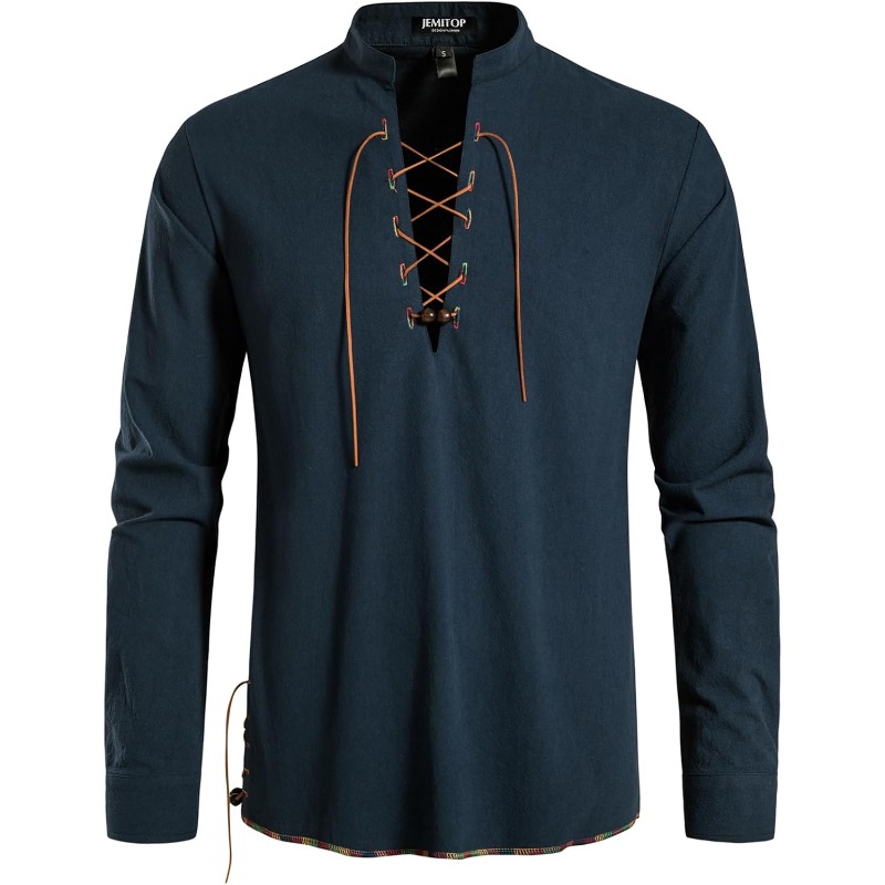 Mens Pirate เสื้อไวกิ้ง Retro  - Medieval Gothic Lace Up Pirate Shirt บทวิจารณ์และราคา