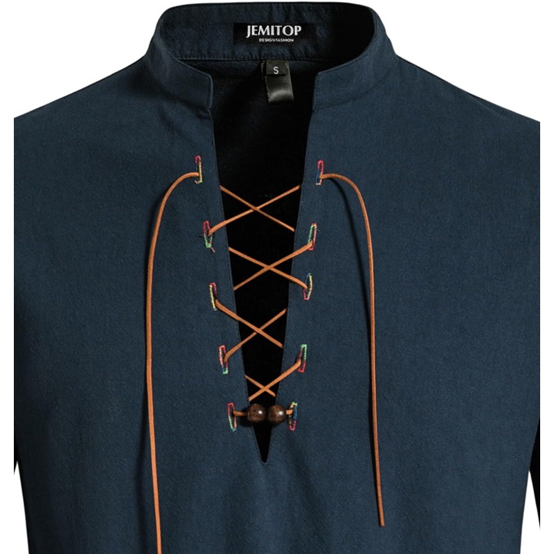Mens Pirate เสื้อไวกิ้ง Retro  - Medieval Gothic Lace Up Pirate Shirt บทวิจารณ์และราคา
