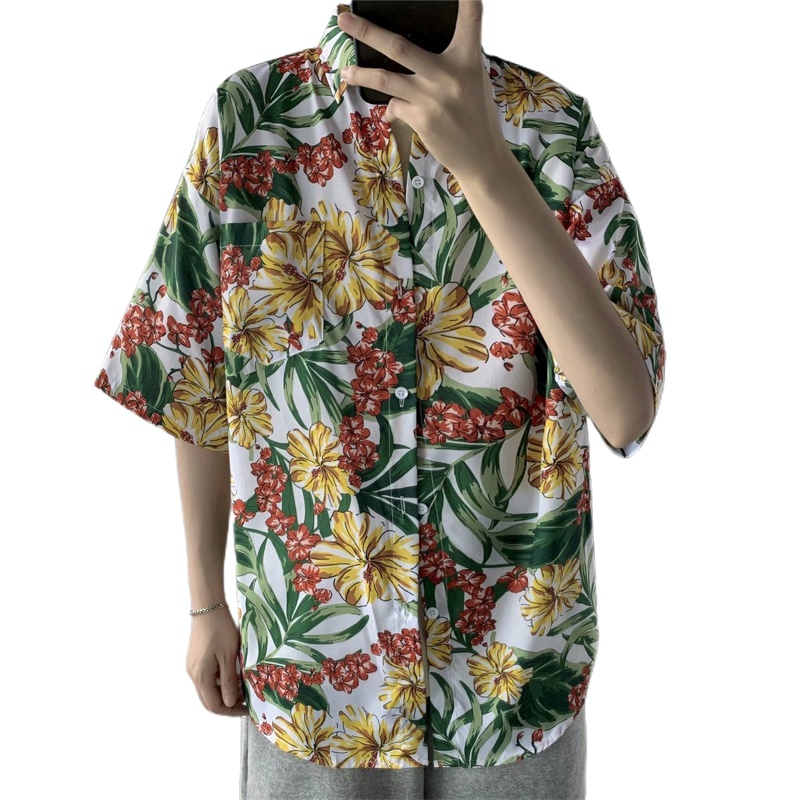 เสื้อฤดูร้อนแขนสั้นแนวฮาวายย้อ - Vintage Hawaiian Floral Shirt บทวิจารณ์และราคา