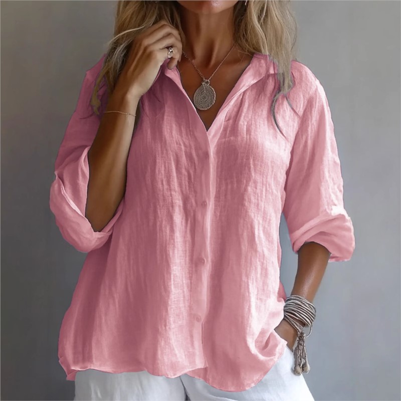 เสื้อเชิ้ตผ้าลินินสีพื้น คอวี  - Mens Linen Shirt Long Sleeve บทวิจารณ์และราคา