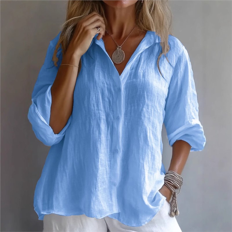 เสื้อเชิ้ตผ้าลินินสีพื้น คอวี  - Mens Linen Shirt Long Sleeve บทวิจารณ์และราคา