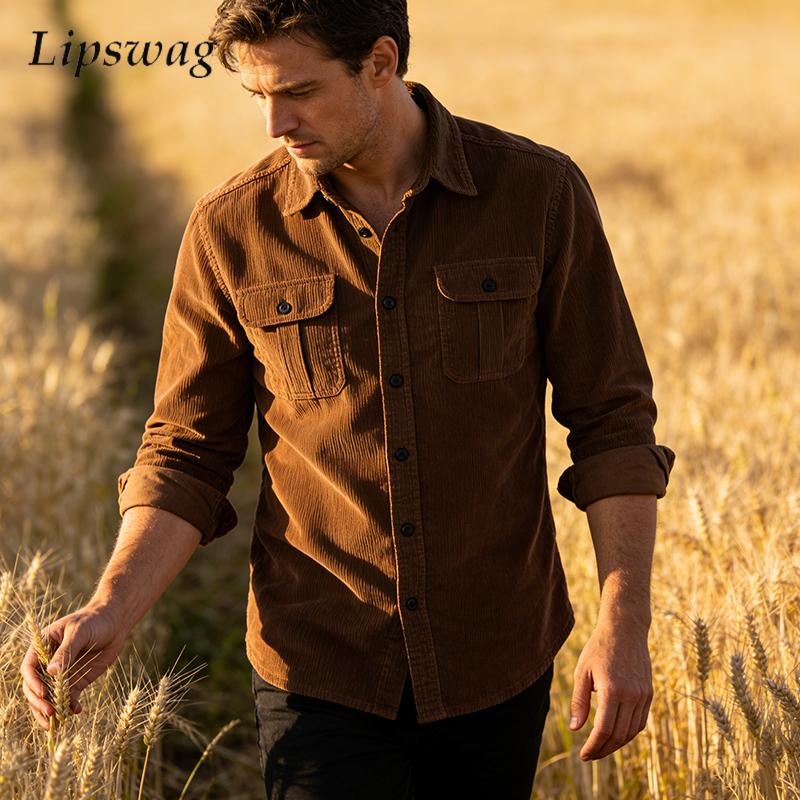 เสื้อแจ็คเก็ตผ้าลูกฟูกสีพื้นสไ - Corduroy Button Up Shirt Men บทวิจารณ์และราคา