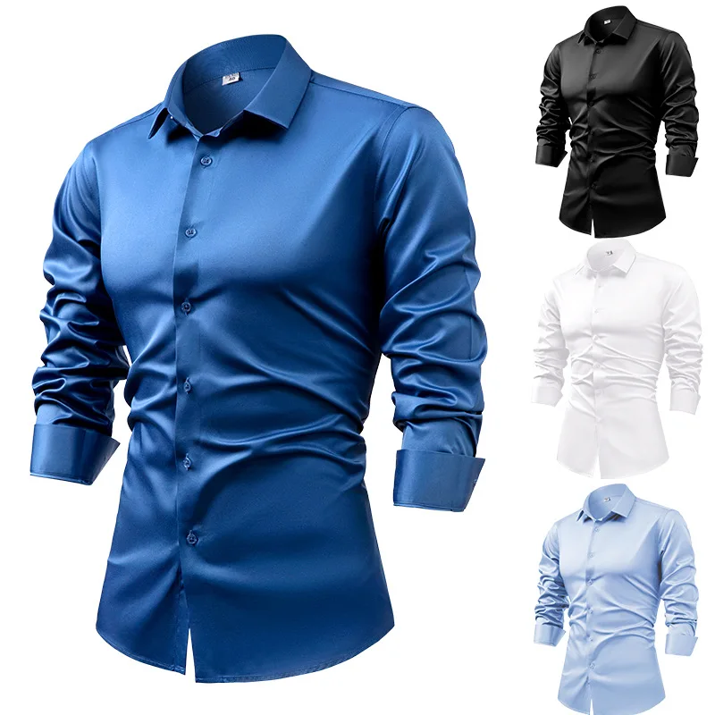 2025 ฤดูใบไม้ผลิฤดูใบไม้ร่วง R - Mens Satin Silk Dress Shirt บทวิจารณ์และราคา