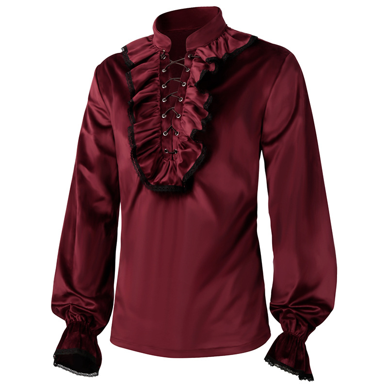 Red Lace Up Ruffles แขนโคมไฟผู - Medieval Gothic Lace Up Pirate Shirt บทวิจารณ์และราคา