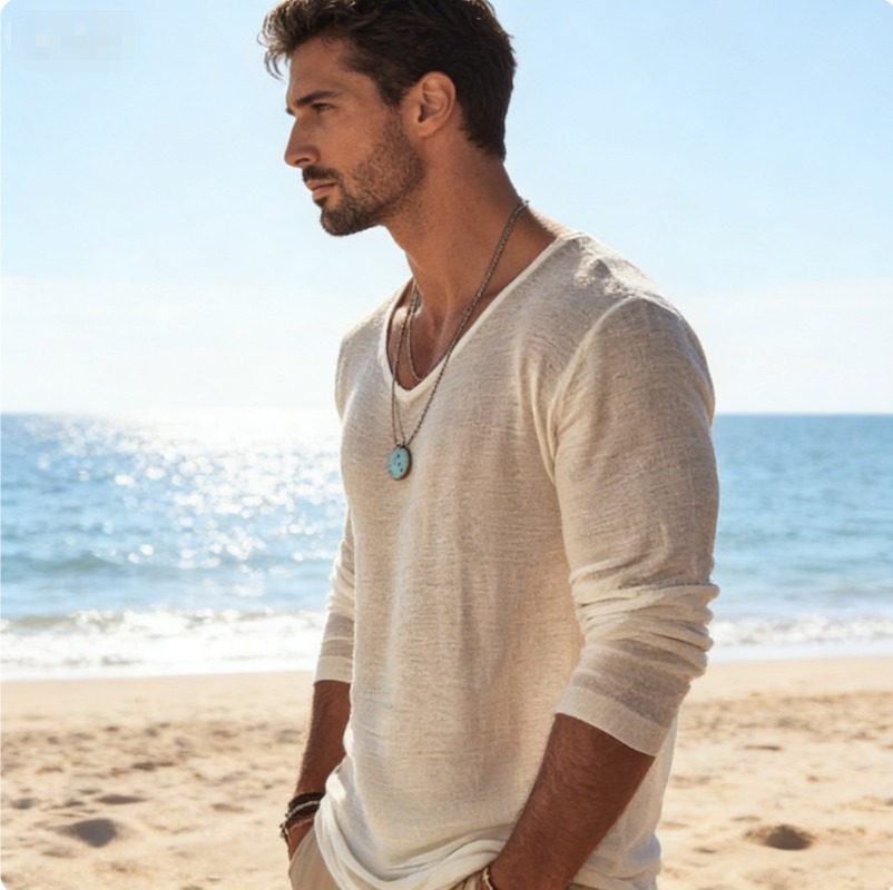 เสื้อยืดแขนยาวคอวีผ้าลินินผสมส - Mens Linen Shirt Long Sleeve บทวิจารณ์และราคา