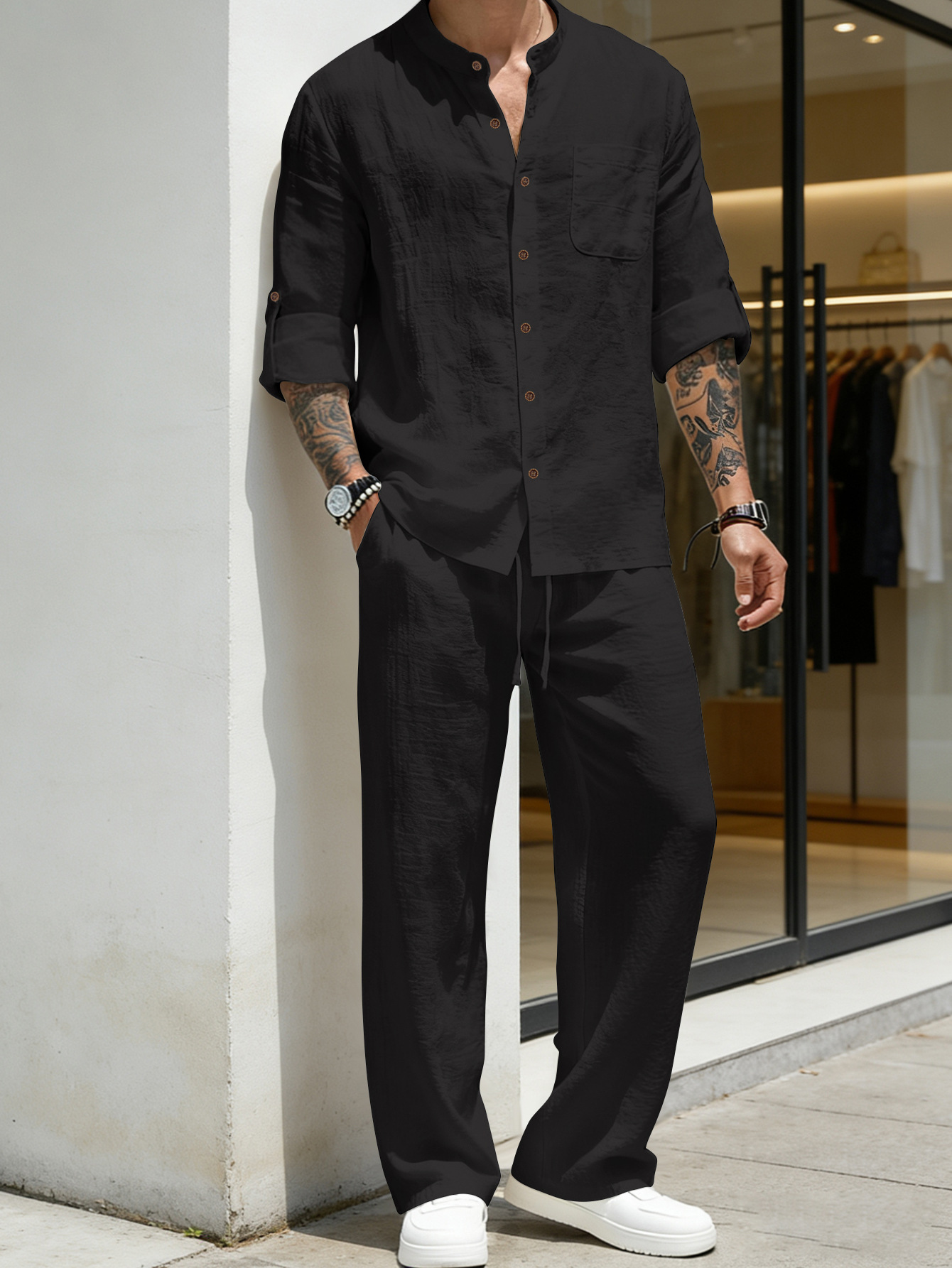 ชุดสูทผ้าลินินหลวมๆ เสื้อแขนยา - Mens Linen Shirt Long Sleeve บทวิจารณ์และราคา