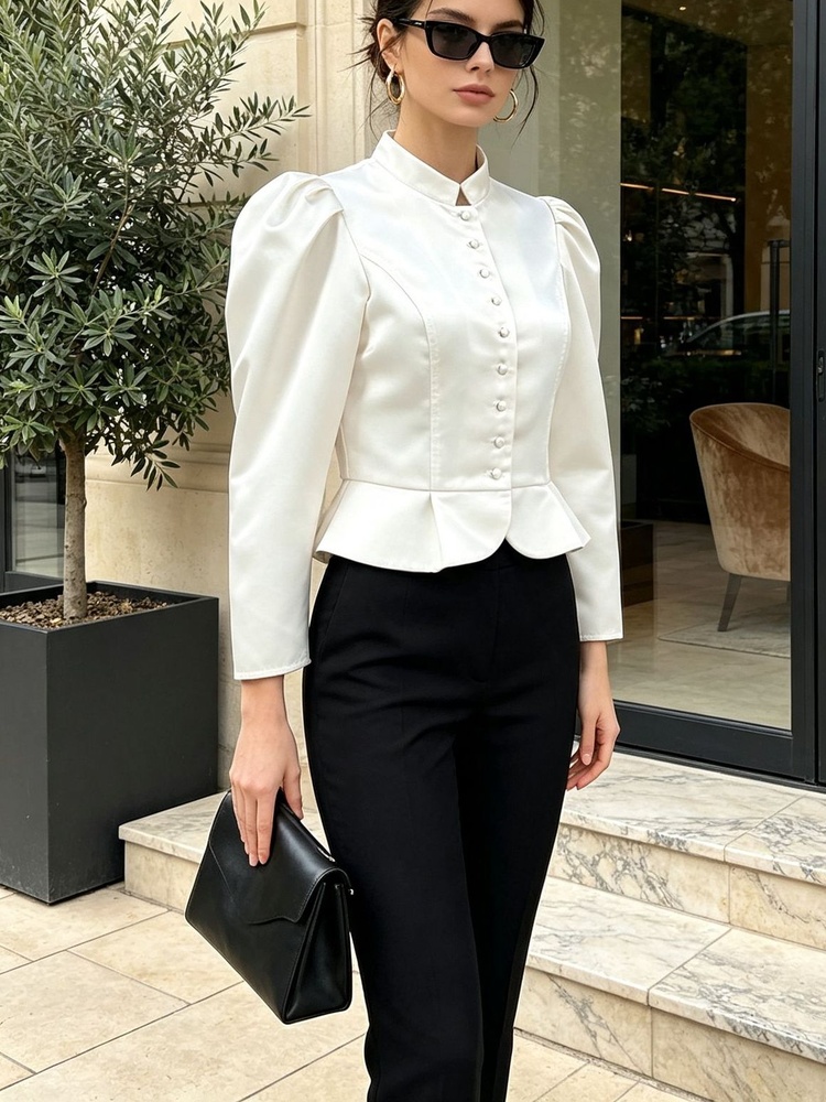 เสื้อเบลาส์ทรงเปปลัม แขนยาว ไห - Mandarin Collar Formal Shirt Slim Fit บทวิจารณ์และราคา