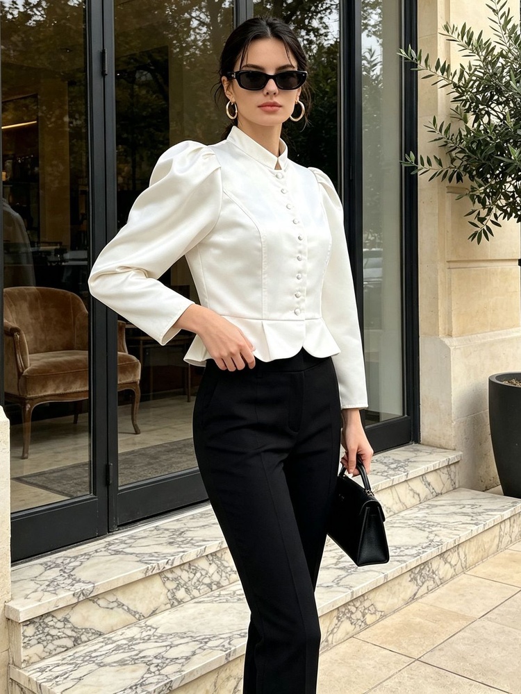 เสื้อเบลาส์ทรงเปปลัม แขนยาว ไห - Mandarin Collar Formal Shirt Slim Fit บทวิจารณ์และราคา