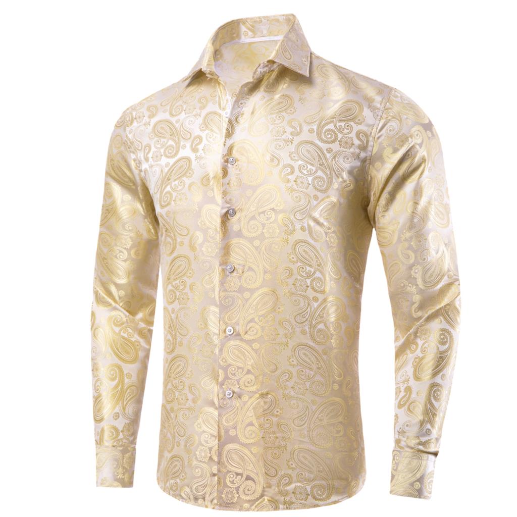 เสื้อเชิ๊ตของผู้ชายผ้าเบจสีทอง - Mens Satin Silk Dress Shirt บทวิจารณ์และราคา