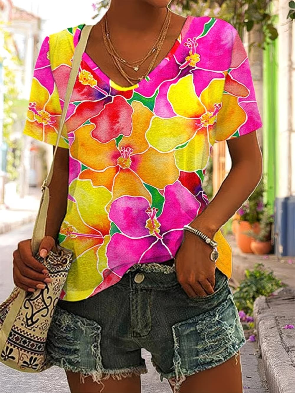 เสื้อยืดผู้หญิงลายดอกไม้สไตล์ว - Vintage Hawaiian Floral Shirt บทวิจารณ์และราคา