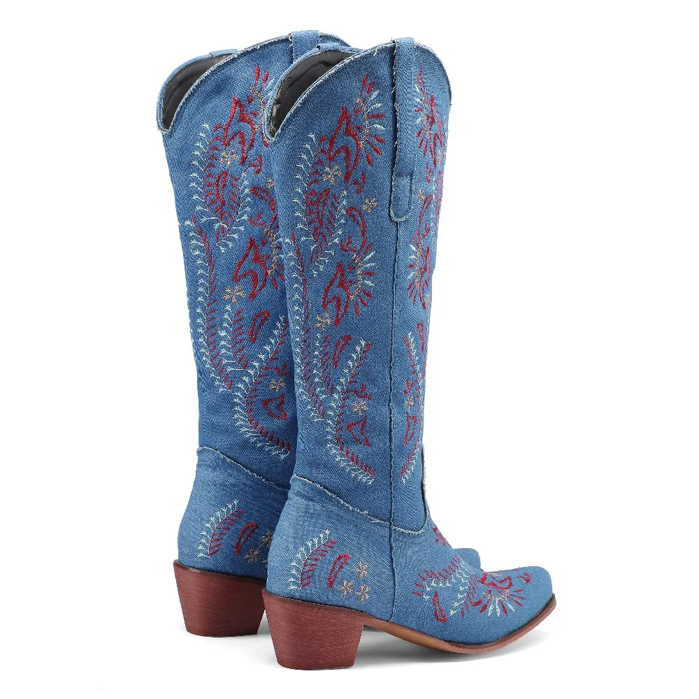 Blue Denim Western Cowgirl เข่ - Jeans บทวิจารณ์และราคา
