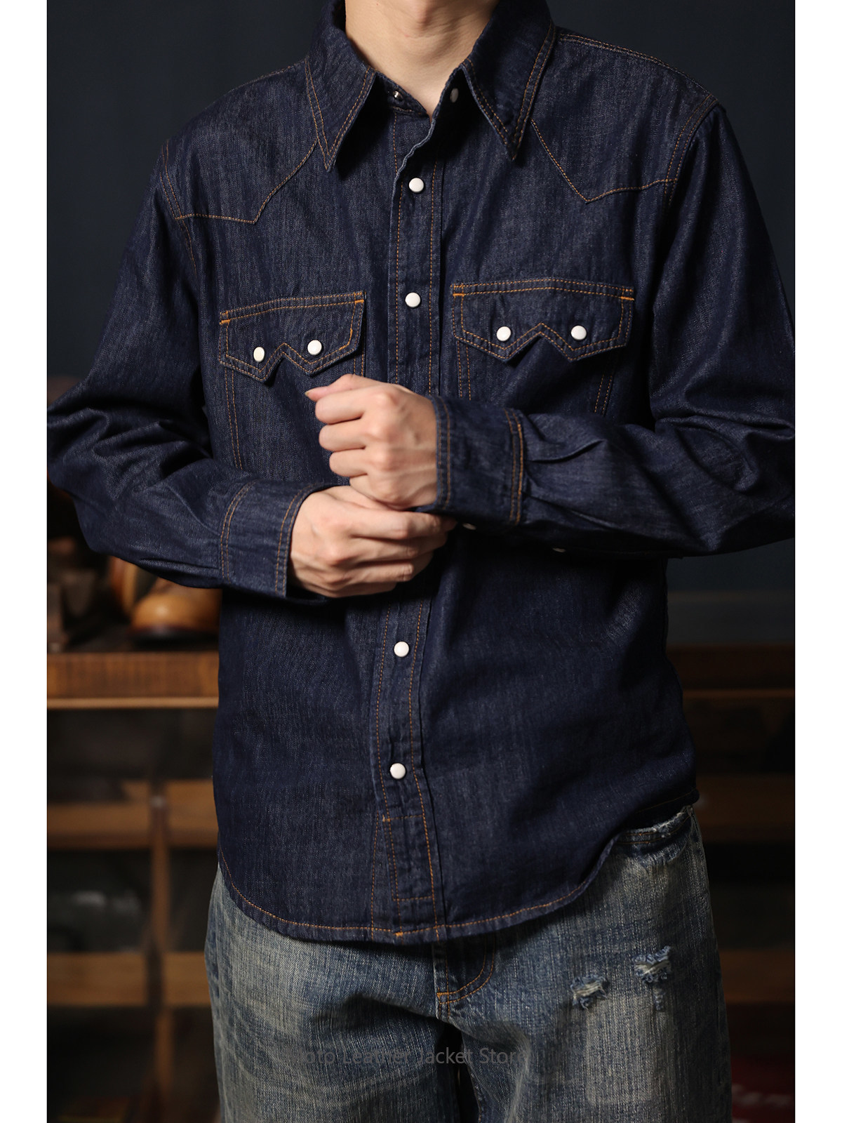 เสื้อเชิ้ตเดนิมสไตล์ตะวันตกแบบ - Mens Western Denim Pearl Snap Shirt บทวิจารณ์และราคา